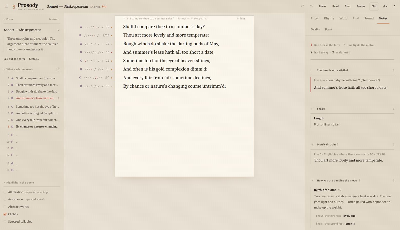 Prosody with a Shakespearean sonnet open: scansion in the left margin, the poem in the middle, and craft notes on the right.