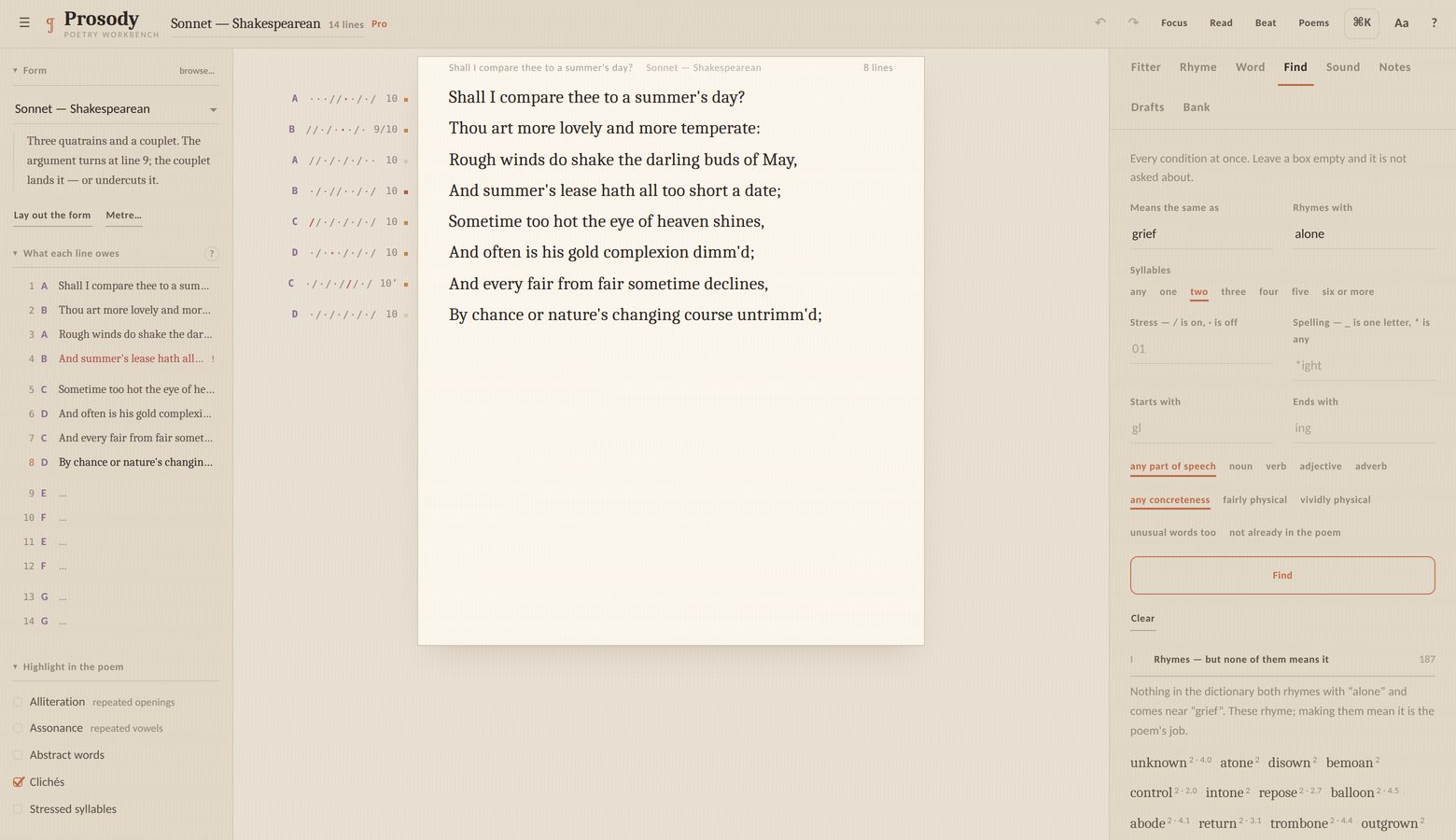 The Find panel with meaning, rhyme and syllable conditions filled in.