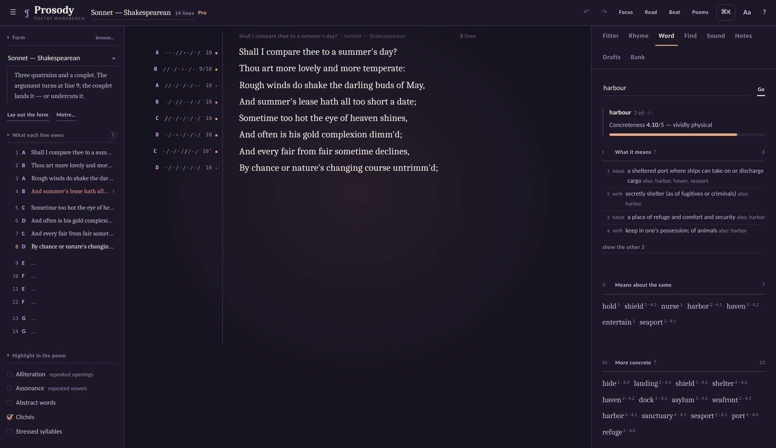 Prosody in the Dusk theme, showing the definitions of the word harbour.